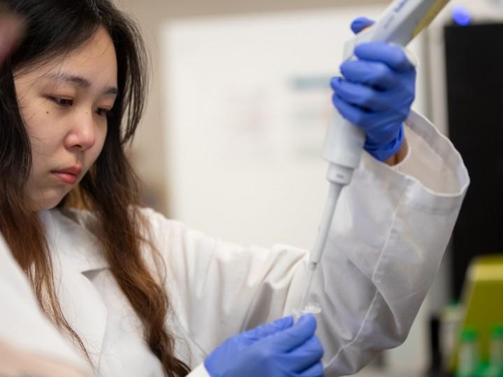 A student has gloves on while holding a pipette